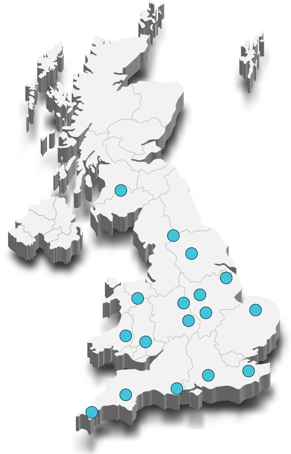 Map of the United Kingdom with blue dots marking various locations across England, Scotland, and Wales.