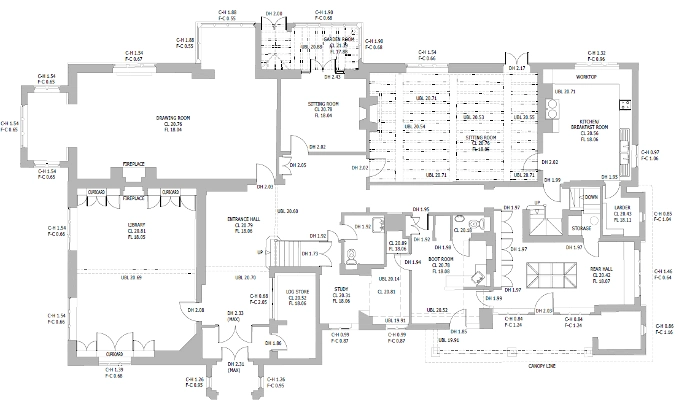 Detailed architectural floor plan of a large building with multiple rooms and labeled sections.